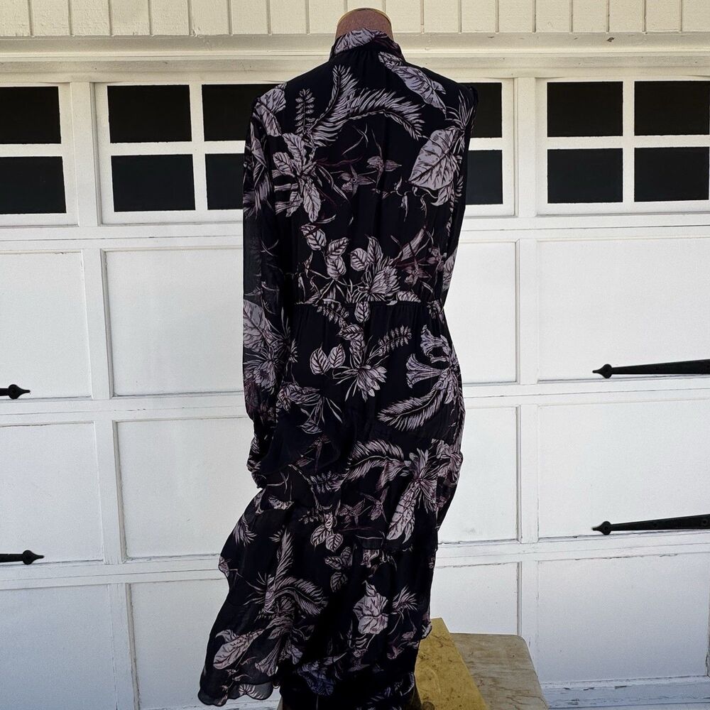 MARCHESSA NOTTE Dress Tiered Asymmetrical Hem Maxi Tie Long Sleeves Sz 10 Navy - Picture 8 of 13